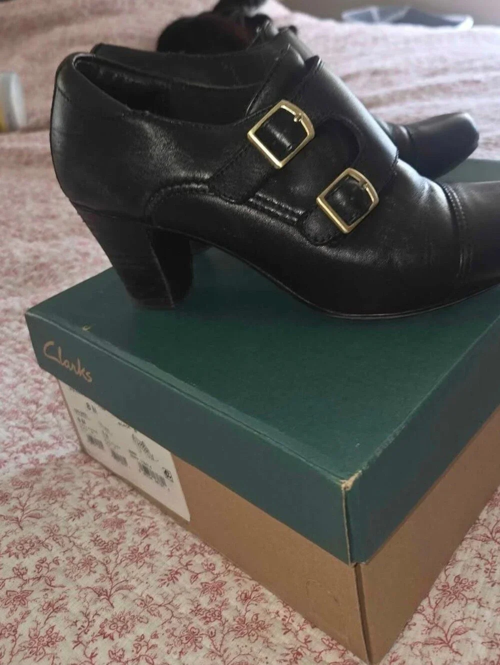 Clarks Sapphire Athena Double Monk Strap Black Leather Booties 4in Heel